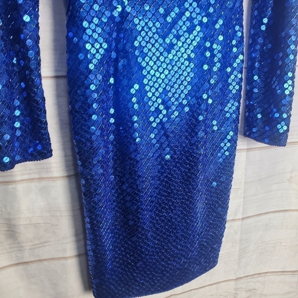 Vintage 80s Nadine Vibrant Blue Floral Sequins Long Sleeve Dress Size Medium - Picture 3 of 16